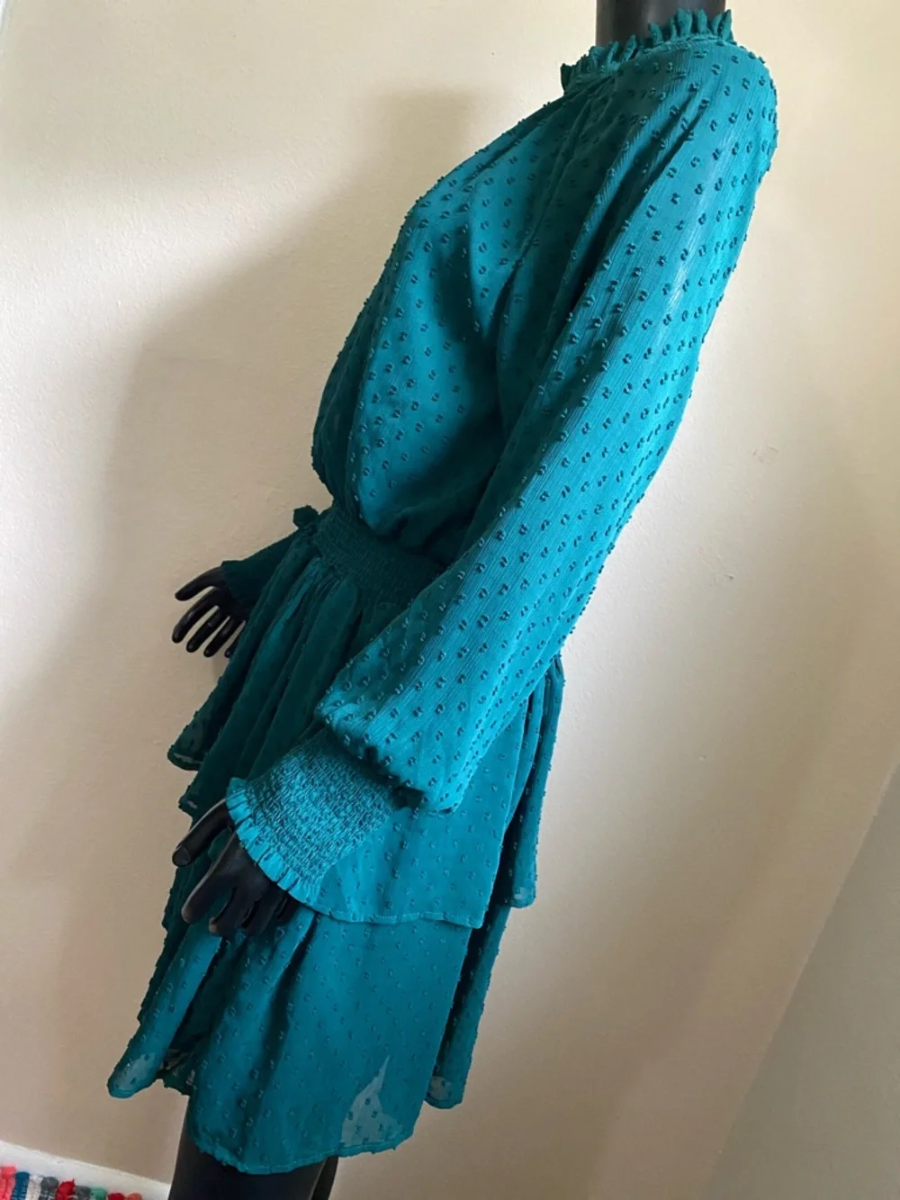 MUD PIE Green Swiss Dot Tiered Long Sleeve Mini Dress - Picture 5 of 14